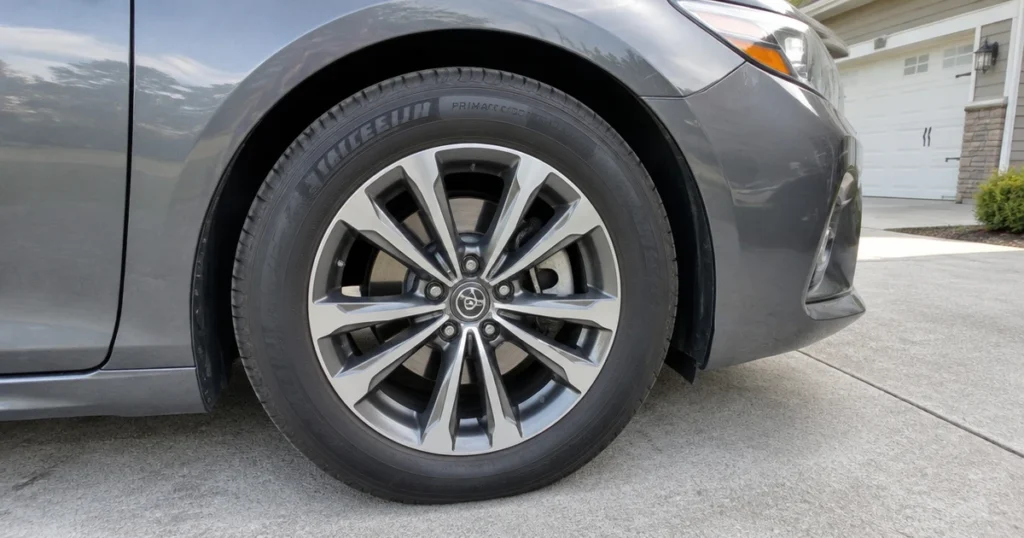 All Season Performance Tires mounted on a parked car in a sunlit driveway