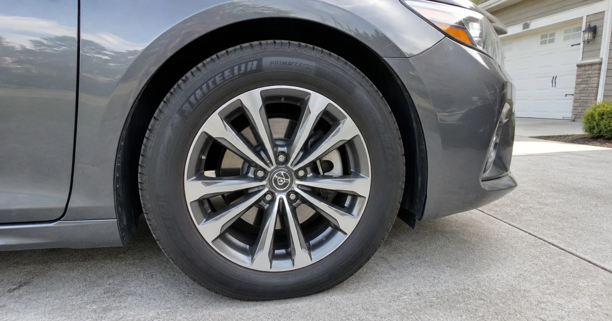All Season Performance Tires mounted on a parked car in a sunlit driveway