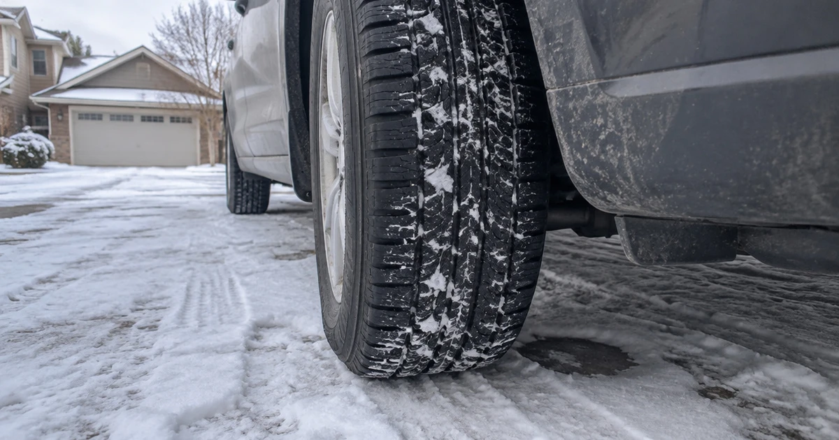 An All Season Tire for Snow grips a packed driveway beside a parked vehicle