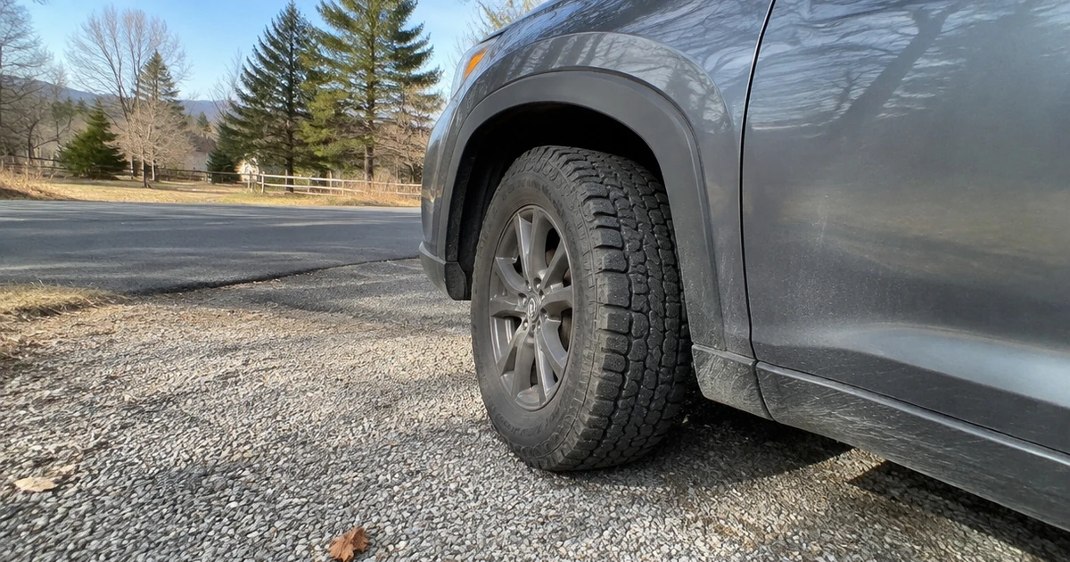 All Terrain Tires for Everyday Use sit on an SUV parked beside a gravel lane