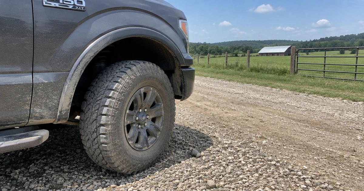 A pickup fitted with All Terrain Tires for Trucks sits on a gravel farm road
