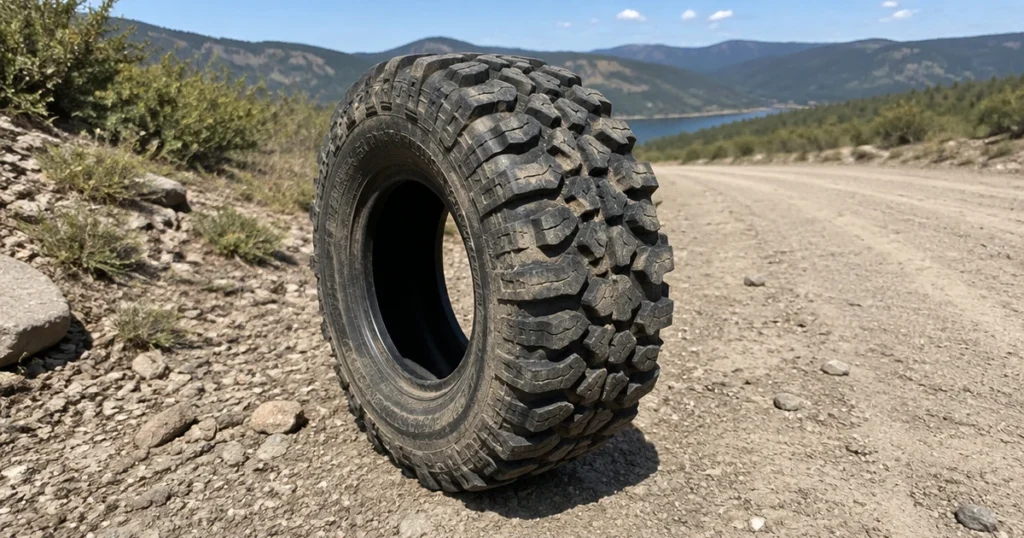 A single All Terrain UTV Tire rests beside a dusty trail in natural light