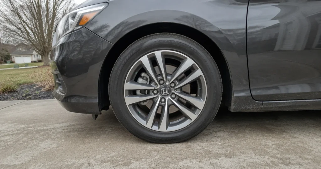 A single All Weather Tire sits on a parked car in a quiet driveway