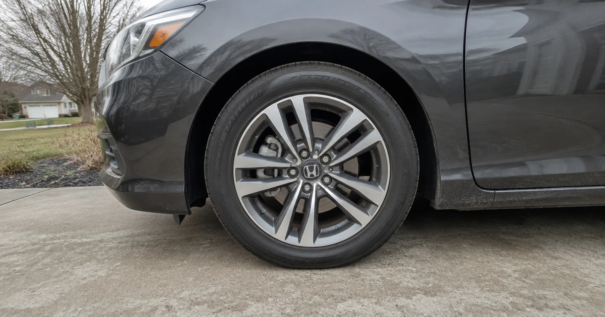 A single All Weather Tire sits on a parked car in a quiet driveway
