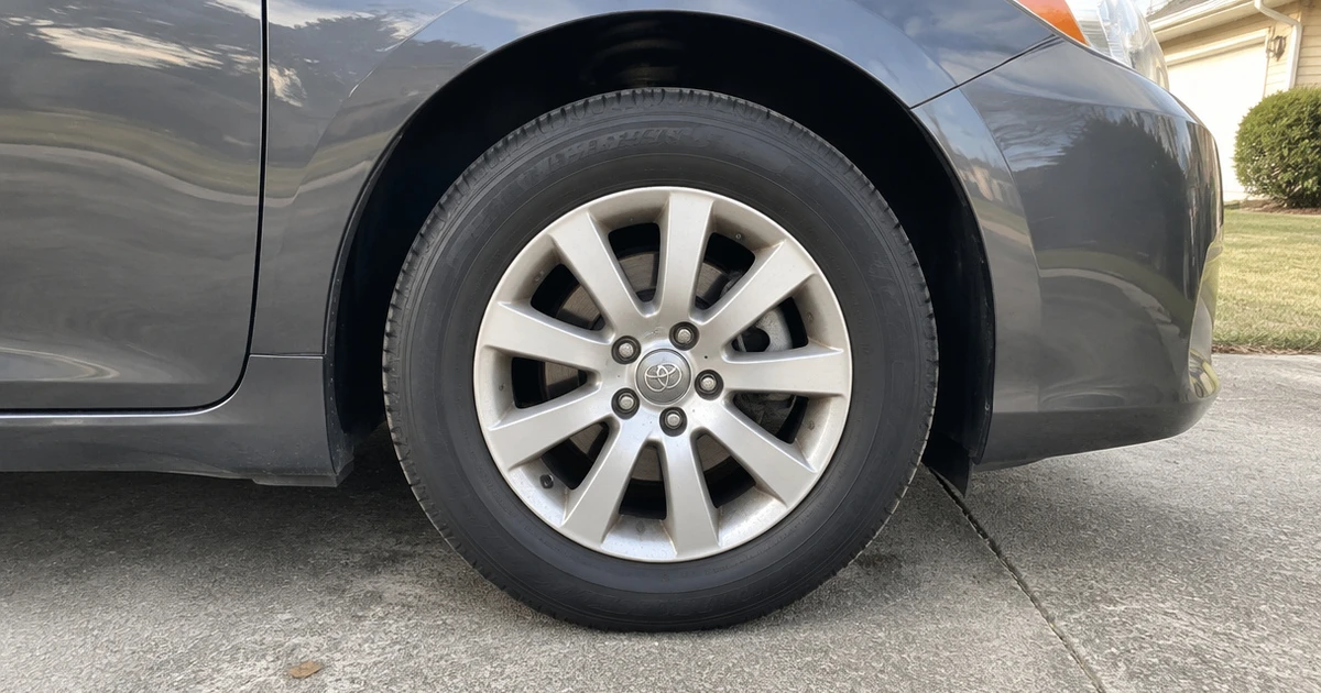 Budget All Season Tires sit mounted on a car in a quiet driveway