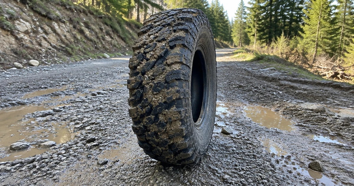A single Mud Terrain Tire stands upright on a muddy gravel trail in daylight