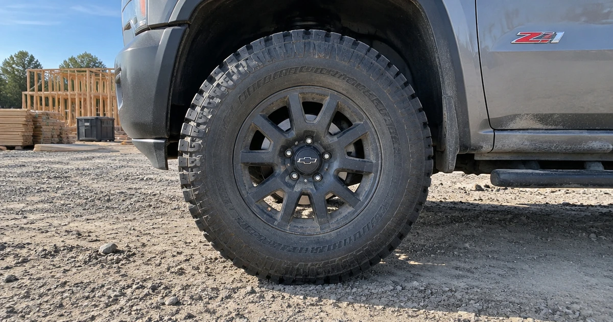 A Ply Truck Tire mounted on a pickup at a sunlit gravel worksite