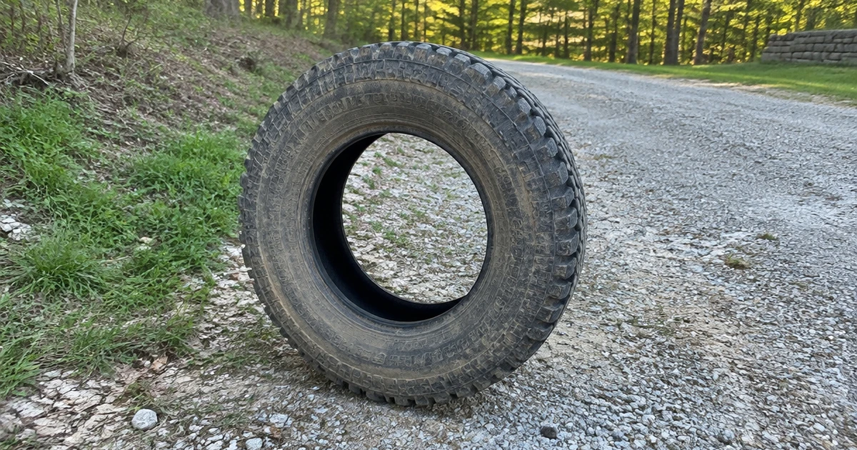 Quietest All Terrain Tires rest upright beside a gravel driveway in soft morning light