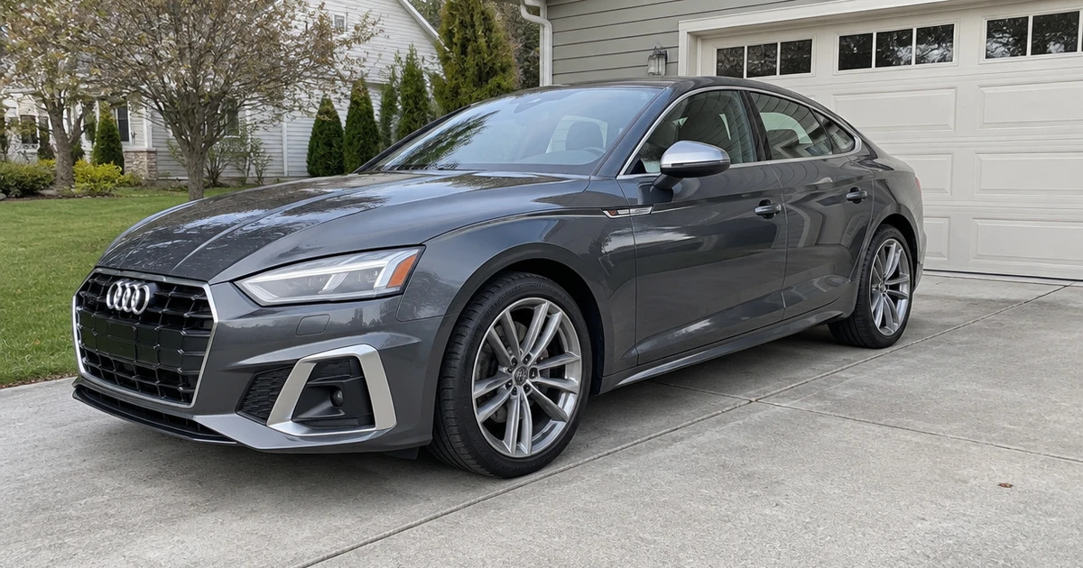 A sedan fitted with tires for Audi A5 parked on a quiet residential street