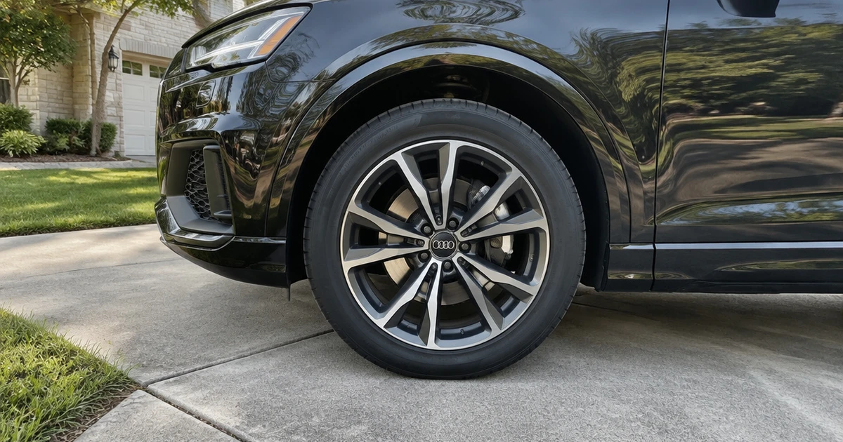 A close roadside view of tires for Audi Q8 fitted to a parked SUV