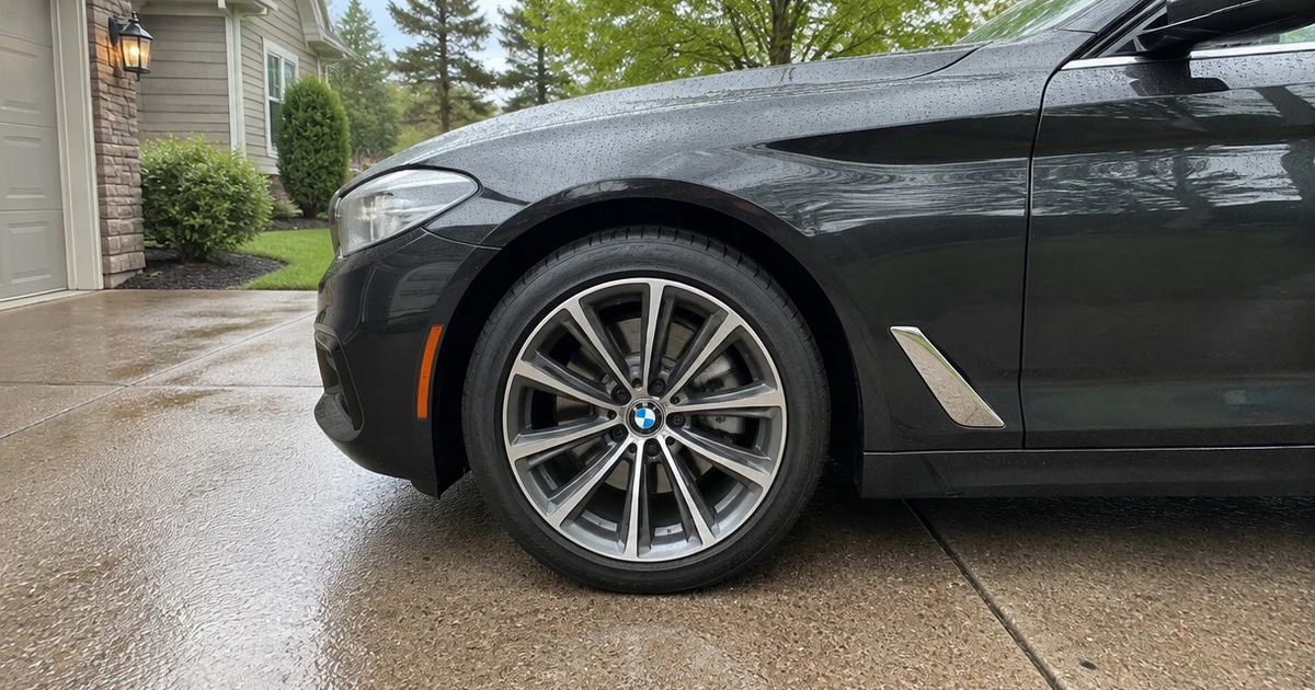 A BMW 5 Series with tires for BMW 5 Series parked on wet residential pavement