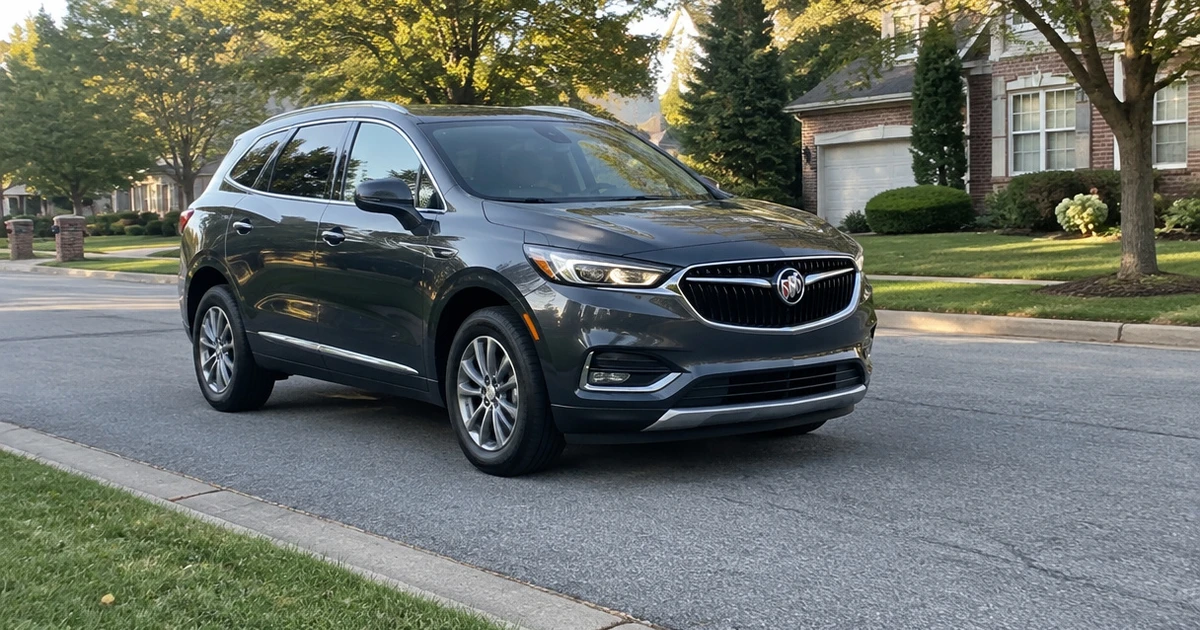 A Buick Envision sits on a quiet street with tires for Buick Envision fitted