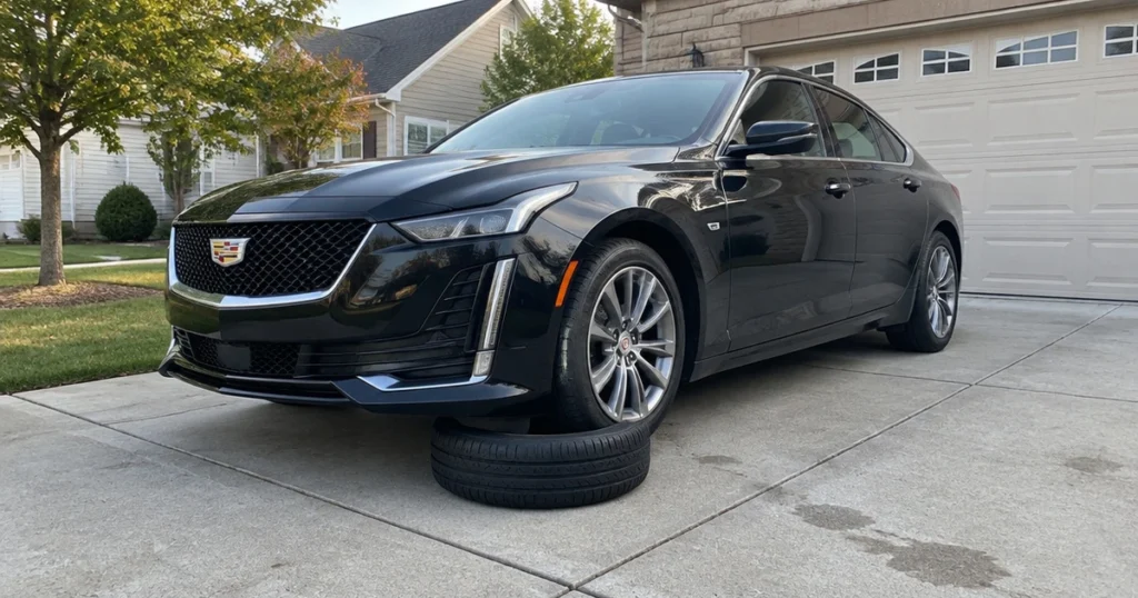 A Cadillac CT5 parked on a driveway with tires for Cadillac CT5 clearly visible