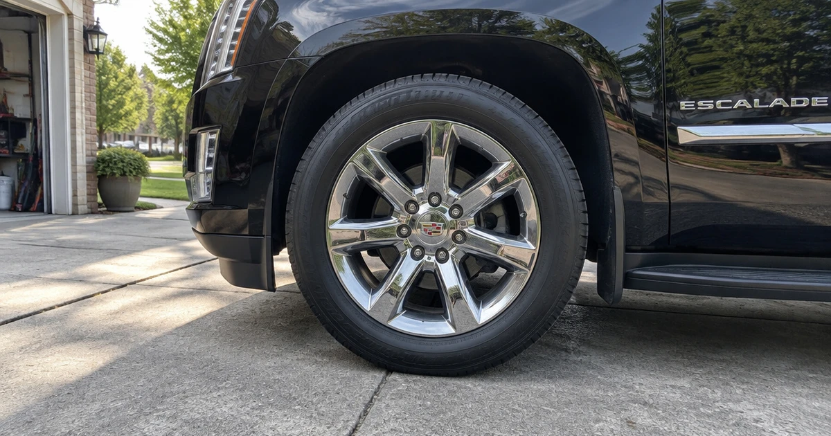 A Cadillac Escalade parked on a driveway with tires for Cadillac Escalade fitted
