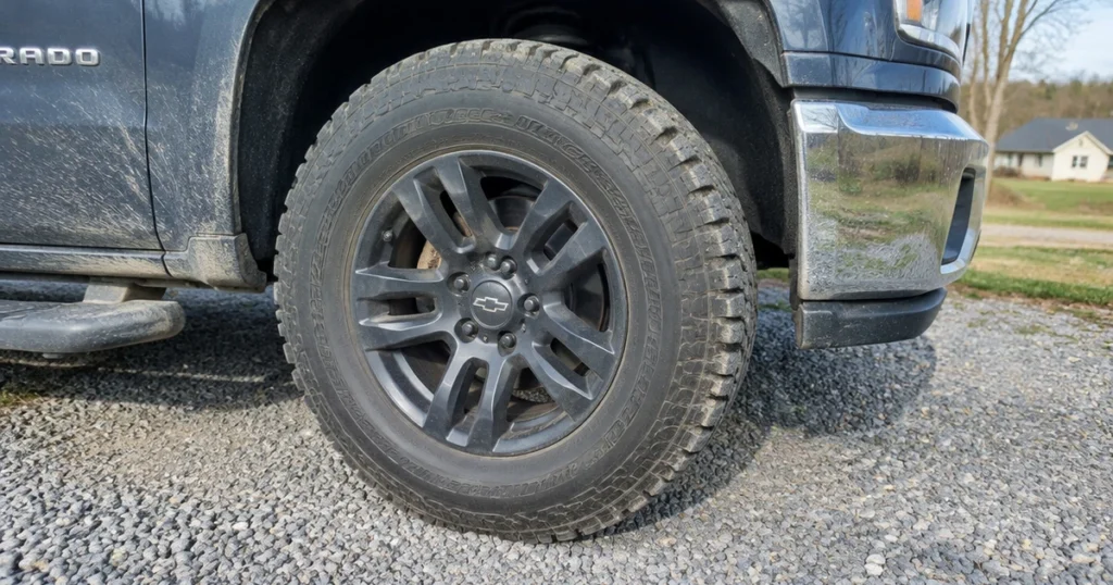 Tires for Chevy Silverado fitted to a pickup parked on a gravel driveway