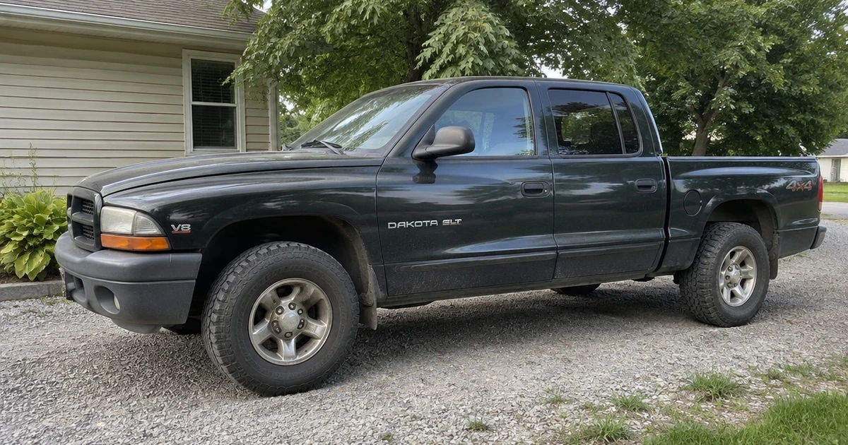 A tire for Dodge Dakota is mounted on a pickup beside a gravel lane