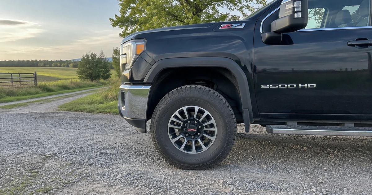 A Sierra 2500 HD on a gravel road, fitted with tires for GMC Sierra 2500 HD