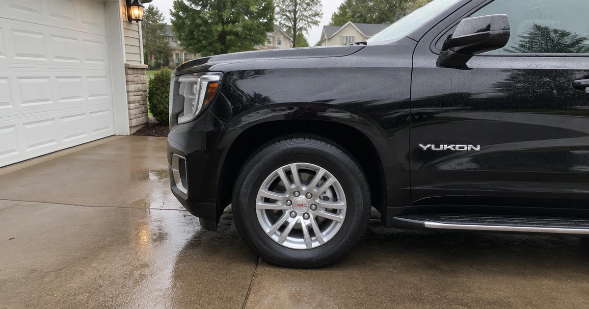 A GMC Yukon parked outside, showing tires for GMC Yukon fitted to its wheels