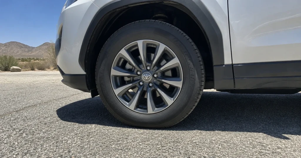 A tire for hot climate use sits fitted to a car on sunlit pavement