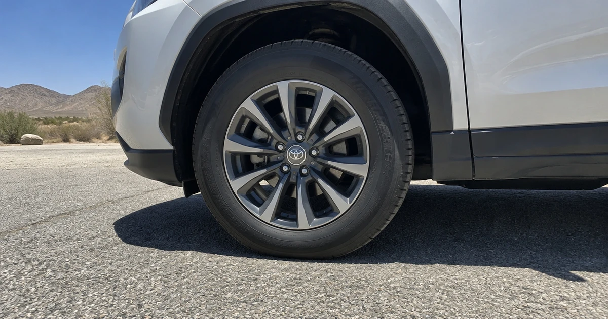 A tire for hot climate use sits fitted to a car on sunlit pavement