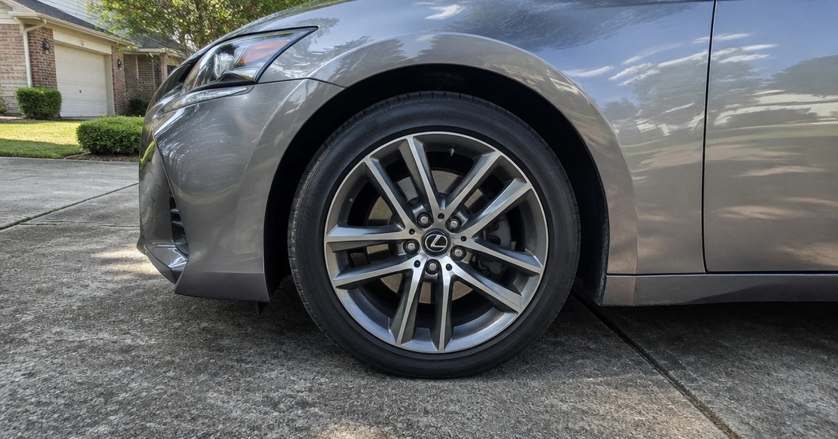 A parked Lexus IS displays tires for Lexus IS on a quiet residential driveway