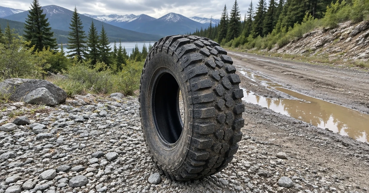 A tire for lifted trucks stands upright on a gravel turnout beside a muddy trail