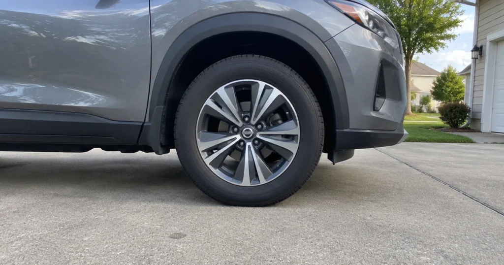 A tire for Nissan Rogue is fitted to a gray SUV on a sunny driveway