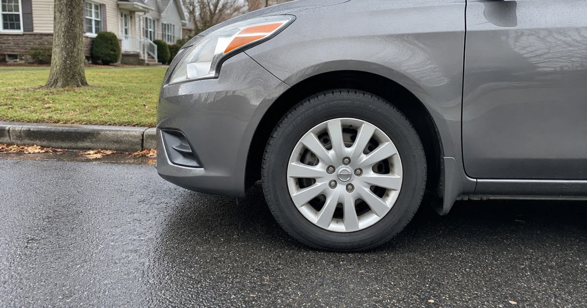 A Nissan Versa with tires for Nissan Versa sits parked on a damp street