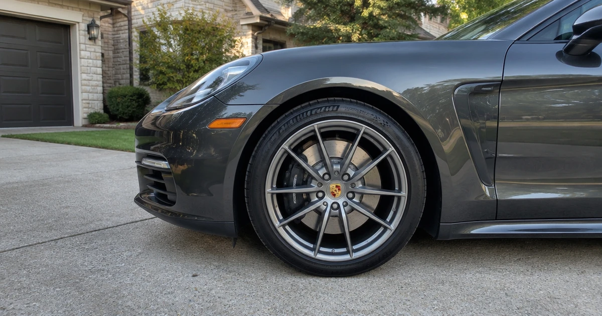 A Panamera in a driveway with tires for Porsche Panamera fitted to its wheels