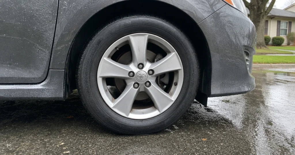 A tire fitted to a car grips wet pavement, showing tires for rain in everyday use