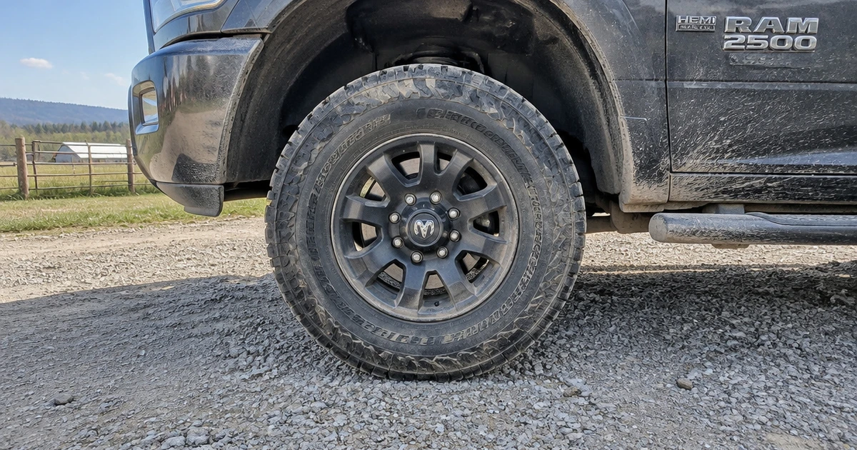 A tire for Ram 2500 grips a gravel driveway beneath the truck's front fender