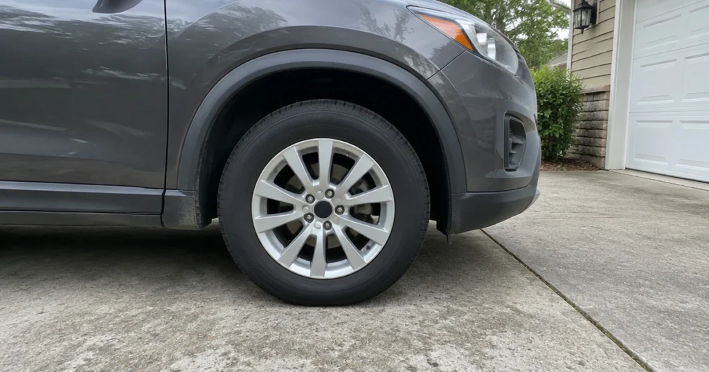 Tires for the Chevy Equinox sit on a compact SUV in a sunny driveway