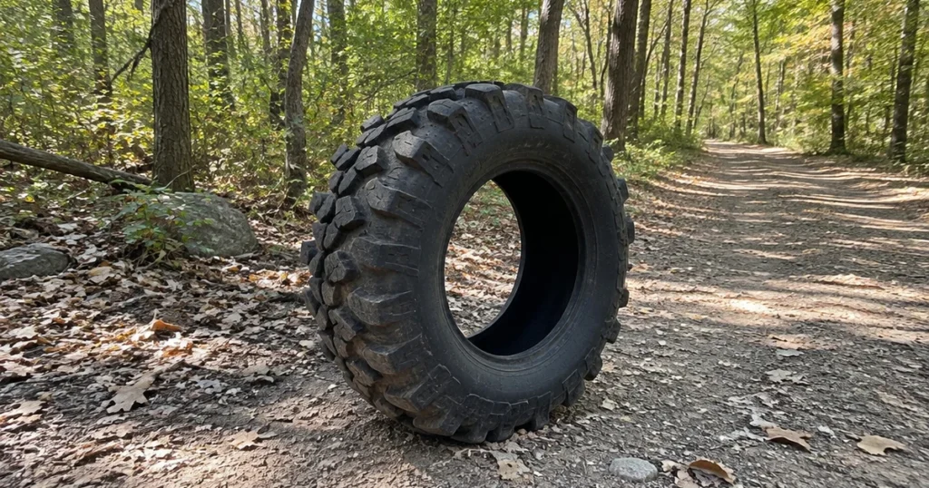 A rugged Tires for UTVs tire rests on packed dirt beside a woodland trail