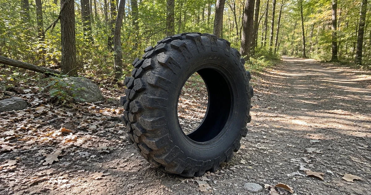 A rugged Tires for UTVs tire rests on packed dirt beside a woodland trail