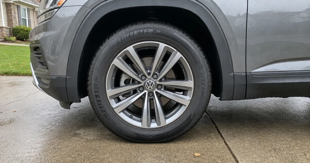 A Volkswagen Atlas parked outdoors with tires for Volkswagen Atlas visible on its front wheel
