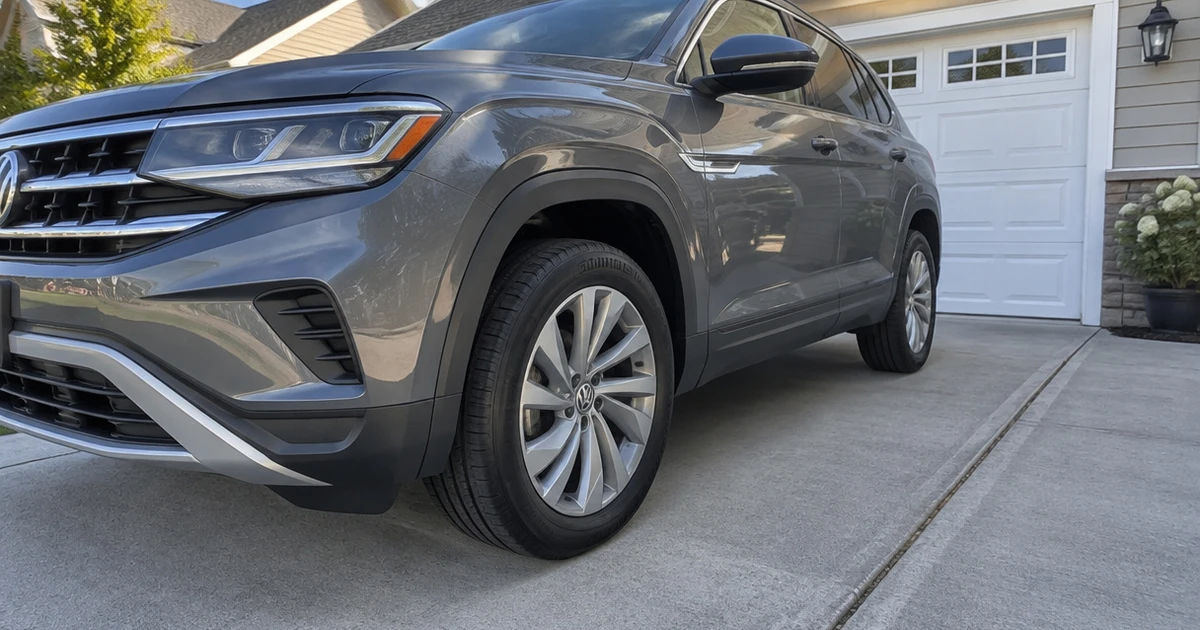 A car with tires for Volkswagen Atlas Cross Sport parked on a driveway