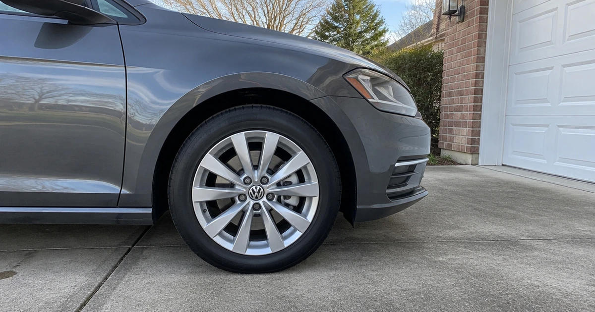 A close view shows tires for Volkswagen Golf fitted to a Golf parked on a driveway