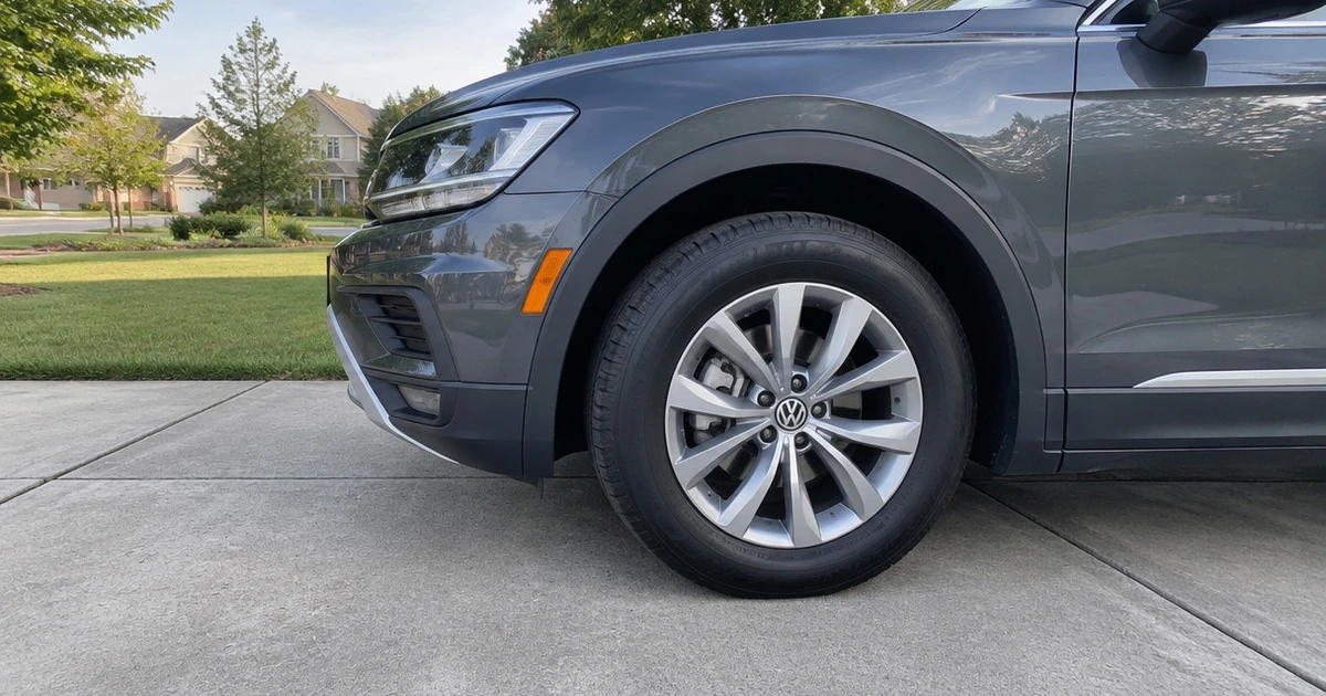A close view of tires for Volkswagen Tiguan fitted to a parked SUV on a driveway